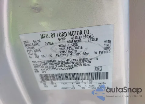 2006 Mercury Mariner Luxury/Premier z USA, uszkodzony, nr VIN 4M2CU57176KJ09897